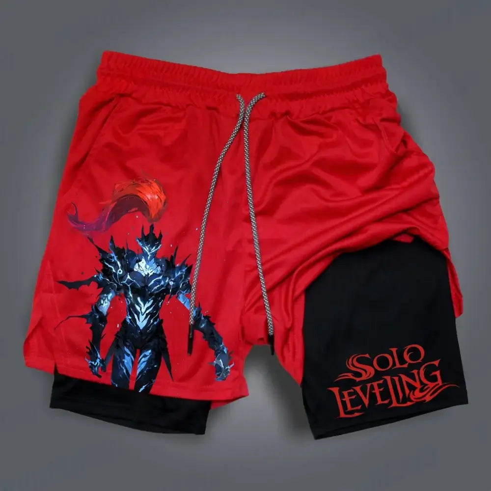 Red and black cotton solo leveling sung xl shorts with dark armored warrior graphic and red flame accents