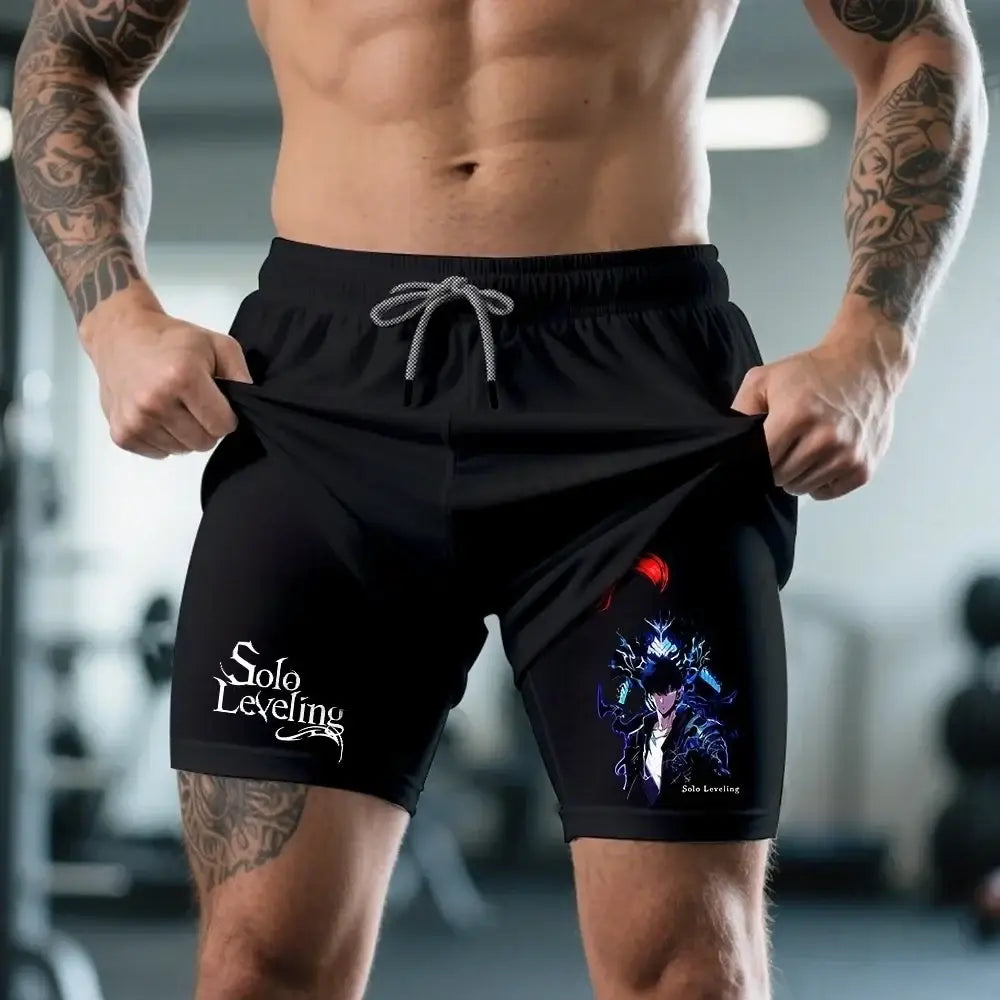 Black cotton solo leveling sung jin-woo shorts with graphic print white side text and gray drawstrings xl size