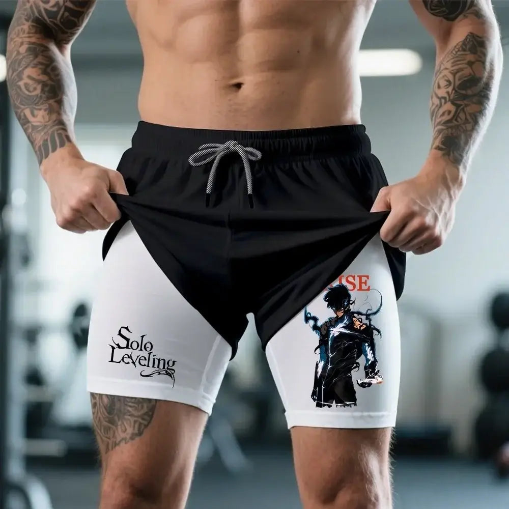 Black and white cotton solo leveling sung xl athletic shorts with solo leveling character graphic on the side