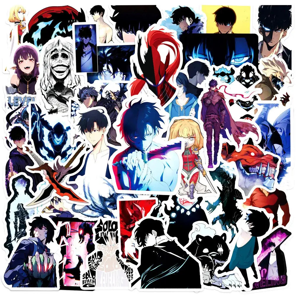A vibrant solo leveling sung sticker pack featuring bold anime character decals from solo leveling and levii franchises