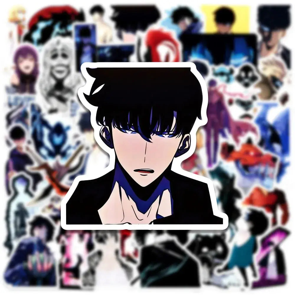 Black-haired anime character sticker with purple eyes and dark blue collar from solo leveling sung jin-woo sticker pack