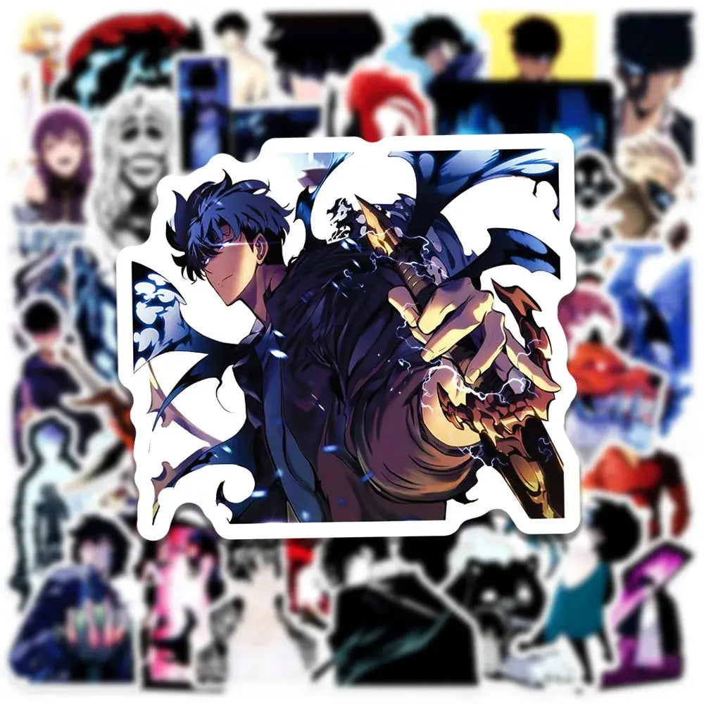 Blue-haired anime character sticker from solo leveling sung jin-woo sticker pack with glowing golden hands and dark blue attire