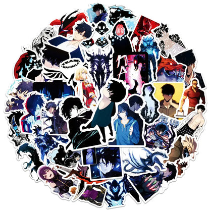 A vibrant solo leveling sung jin-woo sticker pack featuring bold red blue and black glossy vinyl anime decals