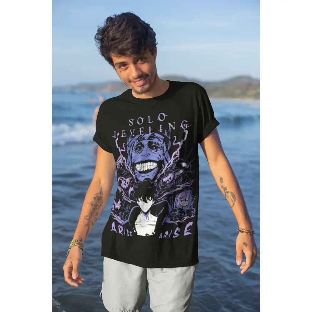 Black cotton solo leveling sung jin woo t-shirt with purple white graphic and lightning effects for unisex wear