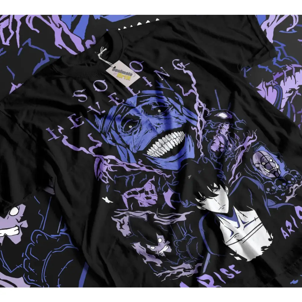 Black solo leveling sung jin woo t-shirt featuring a bold purple and blue anime graphic with soul eating text
