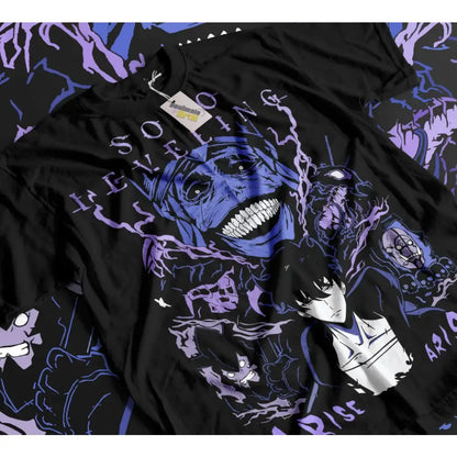 Black soft unisex t-shirt featuring bold purple and blue sung jin woo anime graphic with soul eating text across chest