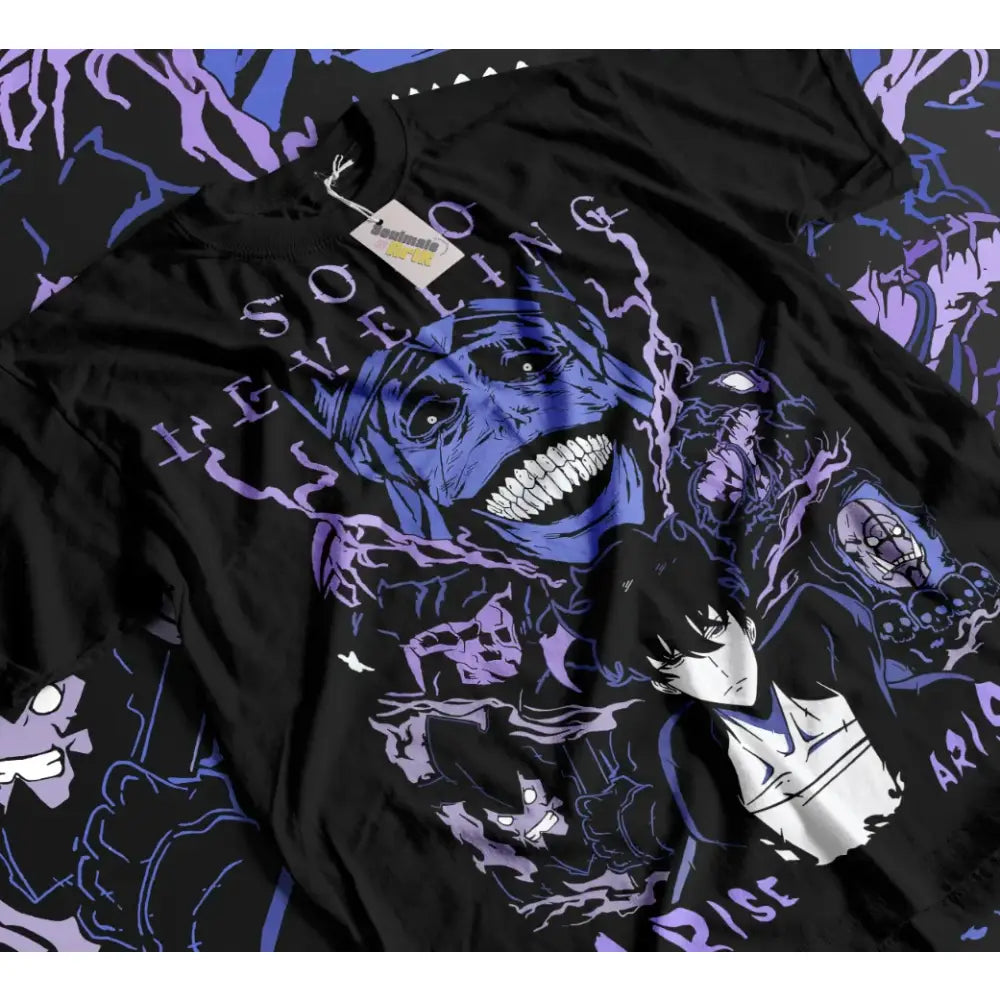 Black solo leveling sung jin woo t-shirt featuring vibrant purple and blue anime graphic with soul reveling text