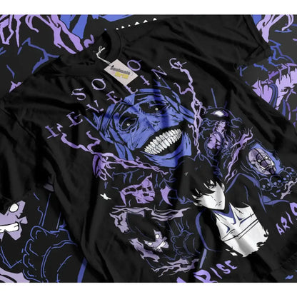 Black solo leveling sung jin woo t-shirt featuring vibrant purple and blue anime graphic with soul reveling text