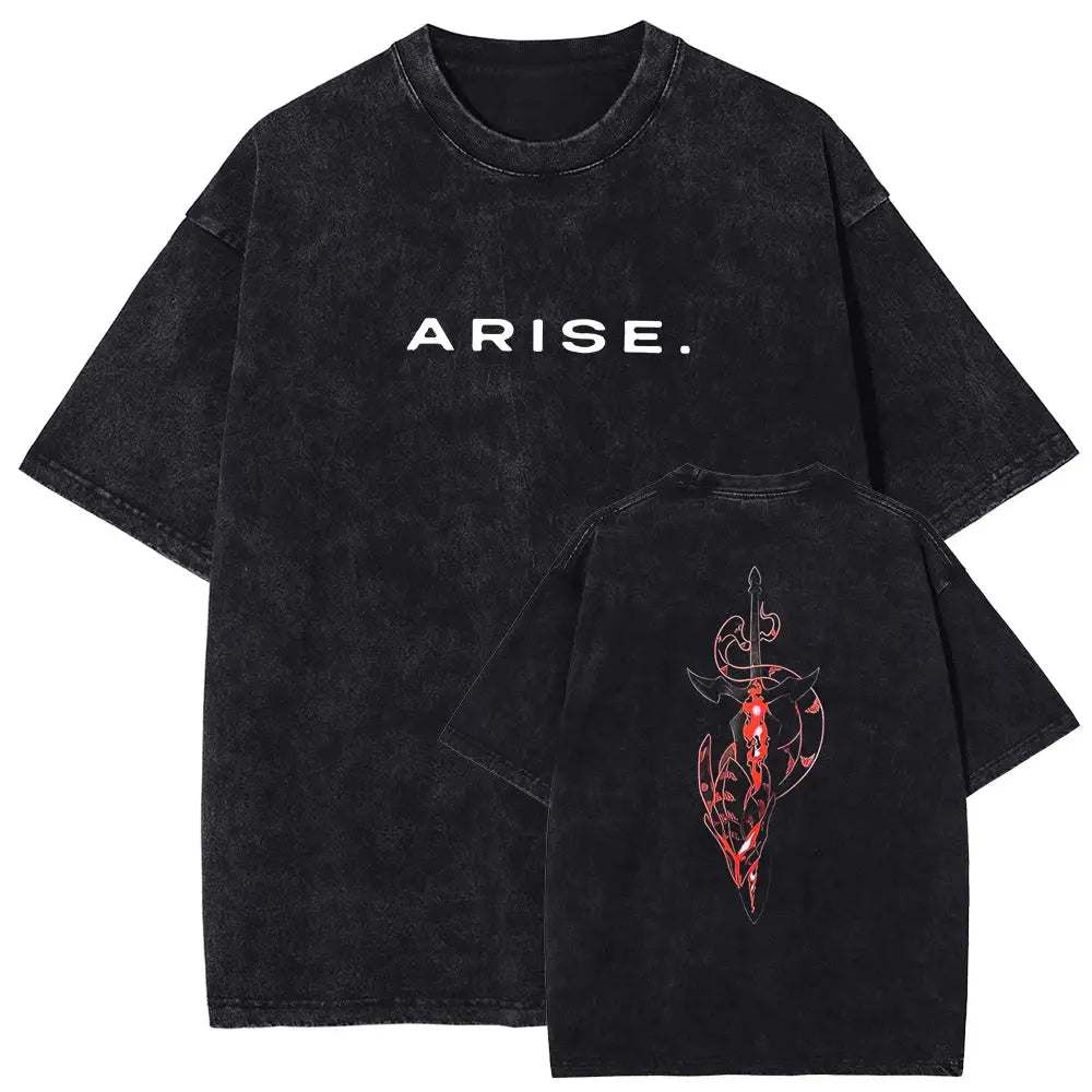 Black oversized solo leveling sung jin-woo t-shirt with vintage washed cotton and red sword graphic on back