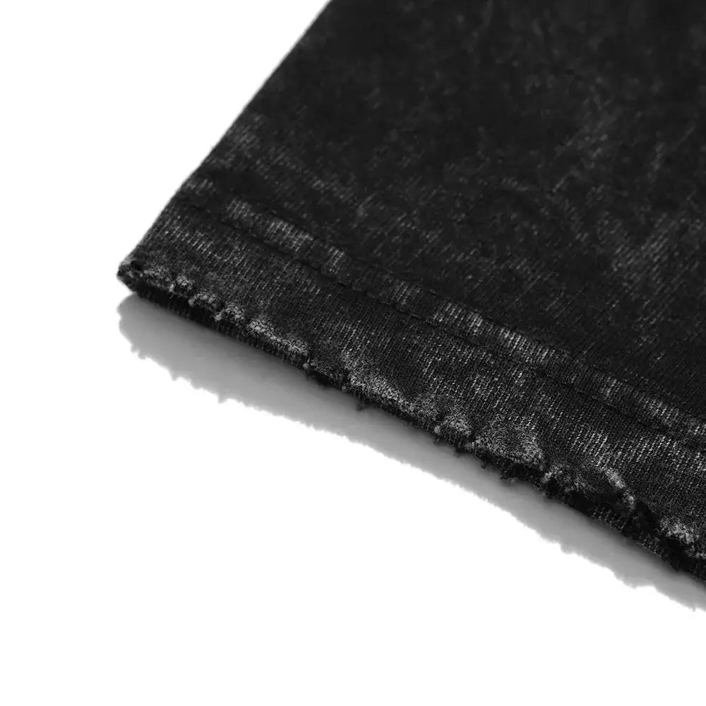 Black distressed denim fabric with frayed edges and stitching on vintage washed cotton solo leveling sung jin-woo t-shirt