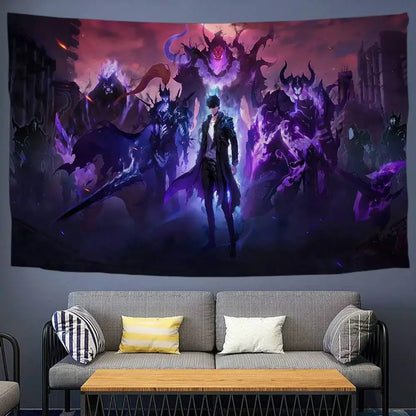 Solo leveling sung jin-woo tapestry wall hanging decor with dark dramatic design featuring demonic creatures and fiery sky