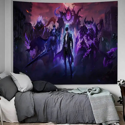 Dark fantasy solo leveling sung jin-woo tapestry wall hanging decor with black figure and demonic creatures under crimson sky