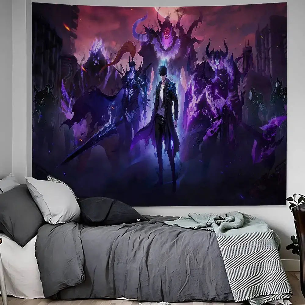 Dark fantasy solo leveling sung jin woo tapestry wall hanging decor featuring a figure with demonic creatures under crimson sky