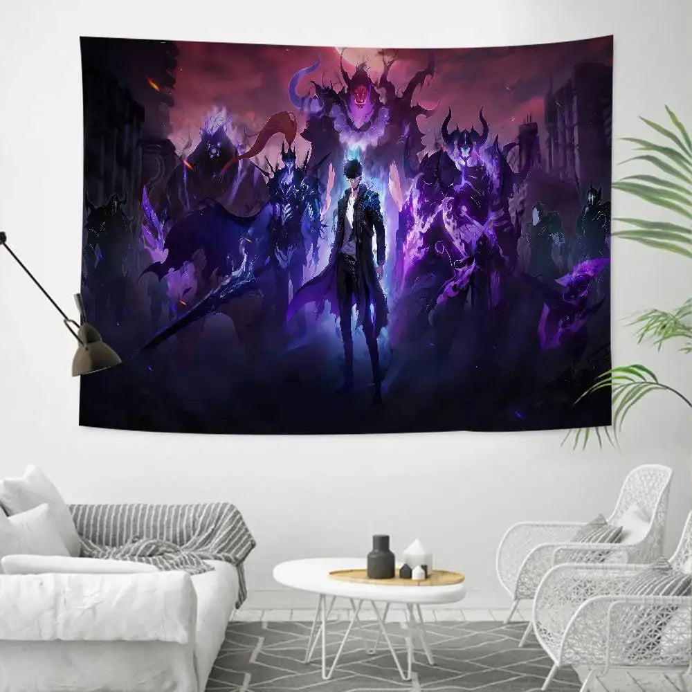 Dark purple and black solo leveling sung jin-woo tapestry wall hanging decor featuring a central figure and monsters