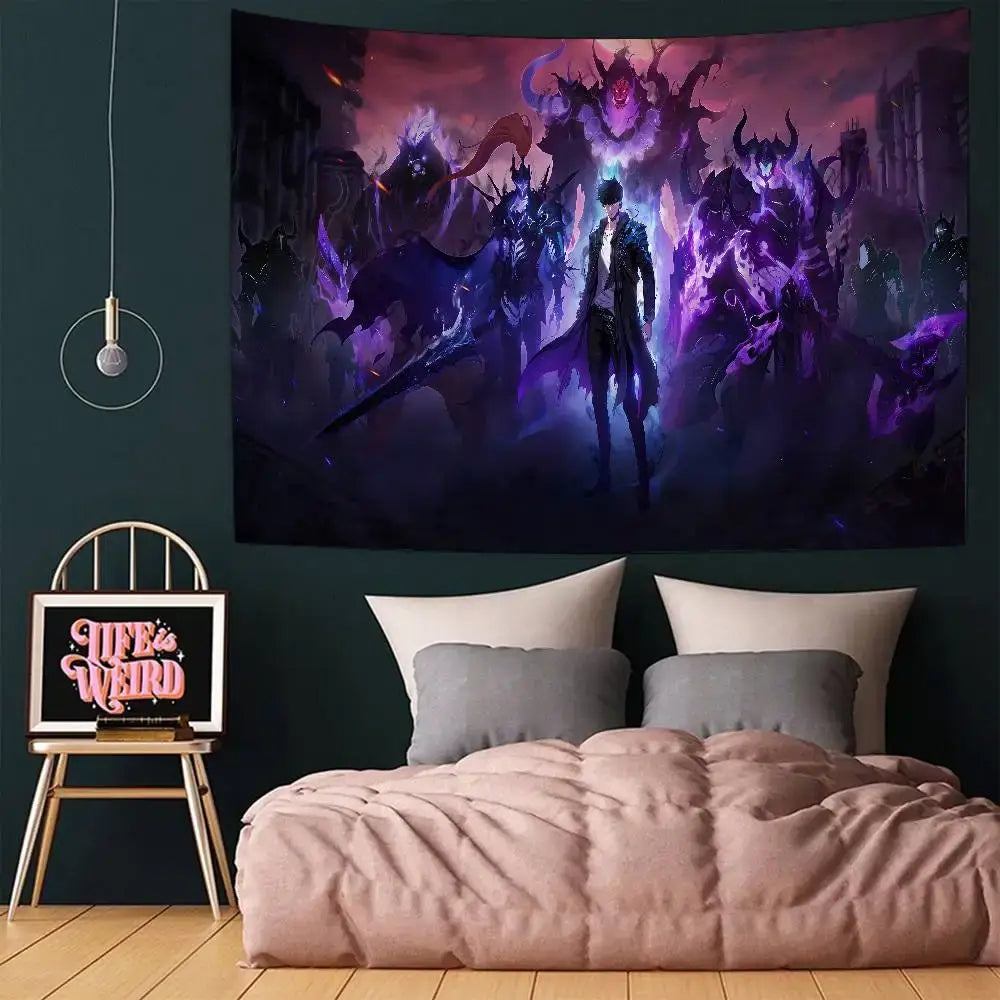 Solo leveling sung jin-woo dark purple and black tapestry wall hanging decor featuring a central figure with demonic creatures