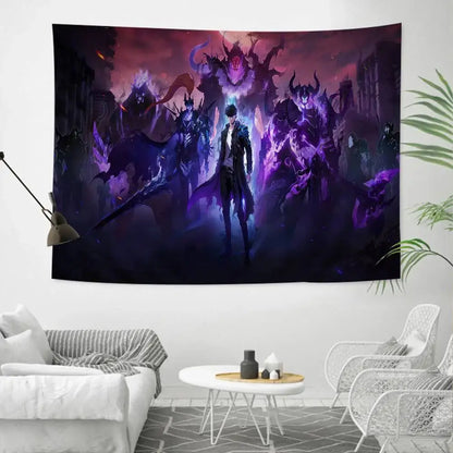 Dark purple and black solo leveling sung jin-woo tapestry wall hanging decor featuring a central figure with monsters