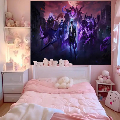 Solo leveling sung jin-woo tapestry wall hanging decor featuring dark figure with horned demons under purple sky