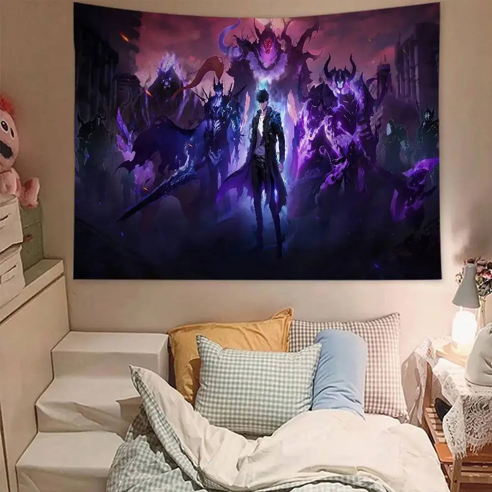 Purple and black fantasy solo leveling tapestry wall hanging decor featuring sung jin-woo surrounded by demonic creatures