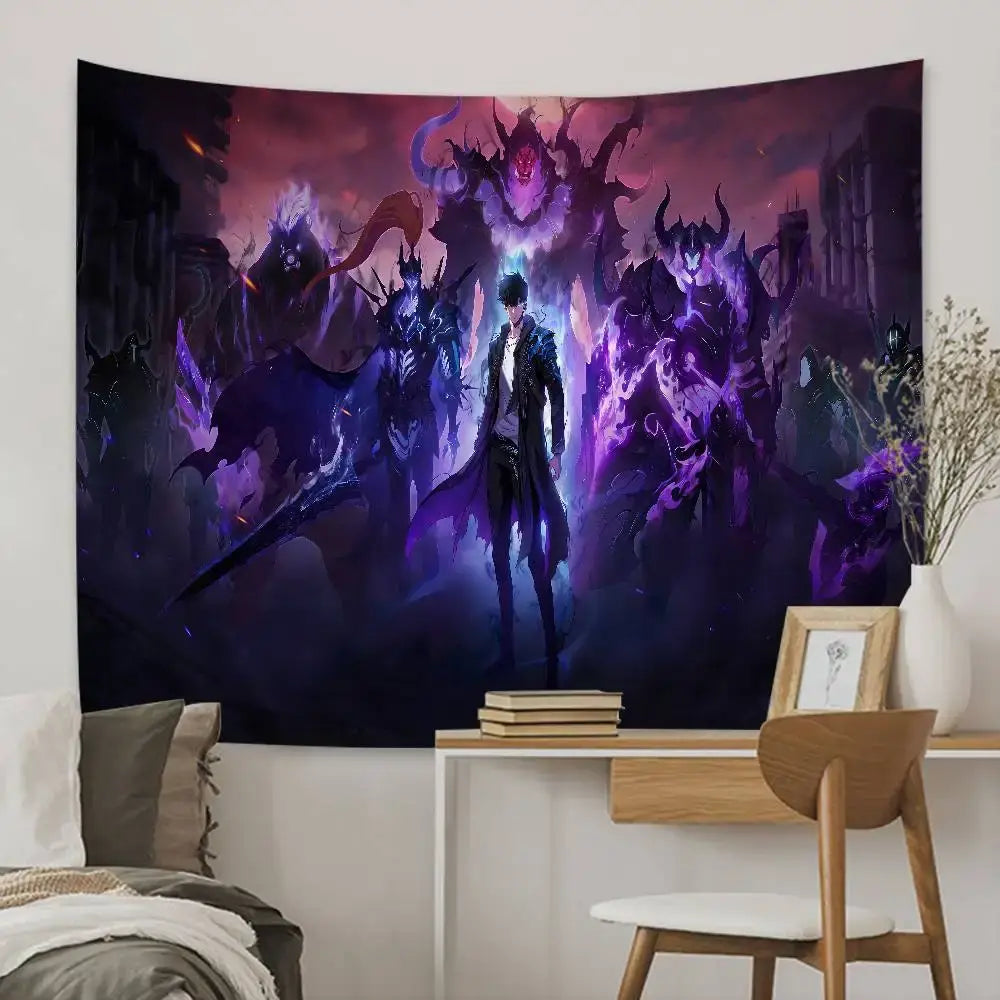 Dark purple and black solo leveling tapestry wall hanging decor featuring sung jin-woo surrounded by demonic creatures