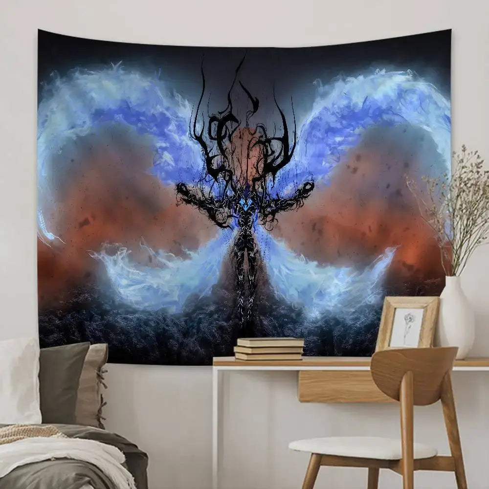 Solo leveling sung jin-woo tapestry wall hanging decor featuring a dark figure with cosmic blue and orange clouds