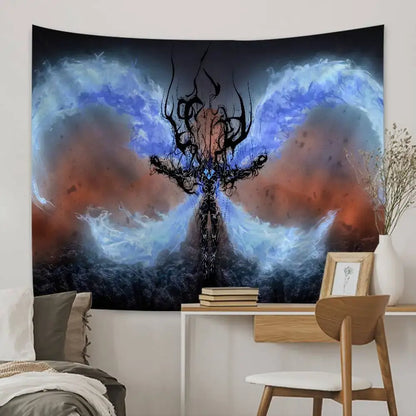 Solo leveling sung jin-woo tapestry wall hanging decor featuring a dark figure with cosmic blue and orange clouds