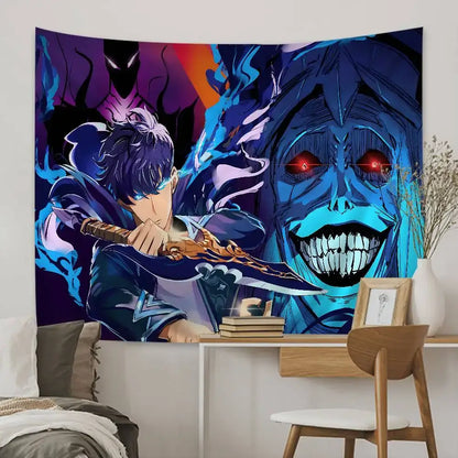 Solo leveling sung jin-woo tapestry wall hanging decor with vibrant blue purple and orange anime battle scene wall hanging