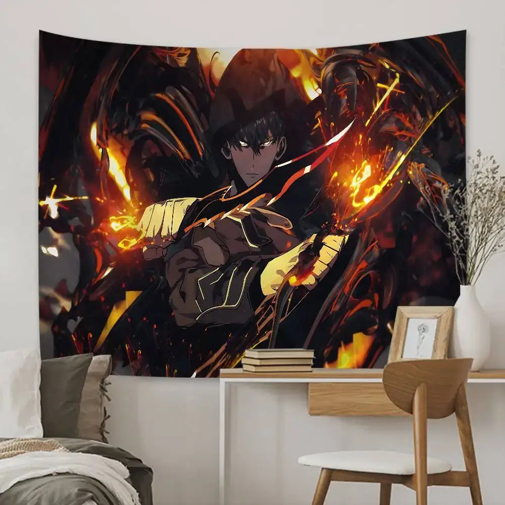 Vibrant solo leveling sung jin-woo tapestry wall hanging decor featuring dramatic black and gold armor with fiery flames