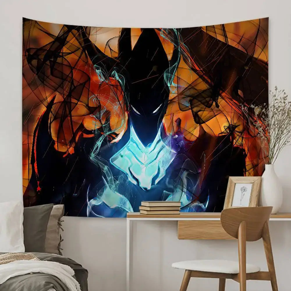 Solo leveling sung jin-woo tapestry wall hanging decor featuring a dark figure with glowing blue armor and fiery swirls