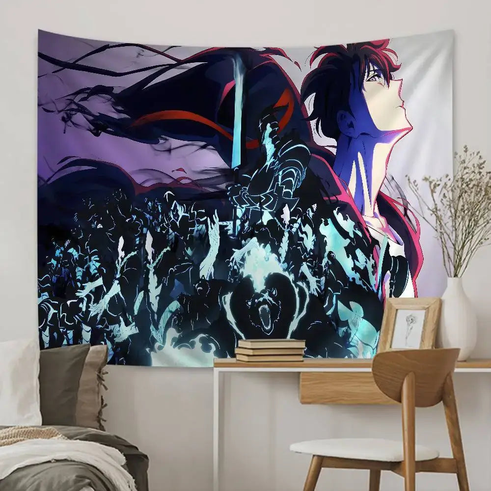 Vibrant solo leveling sung jin-woo tapestry wall hanging decor featuring dynamic anime characters in purple blue and red on white background