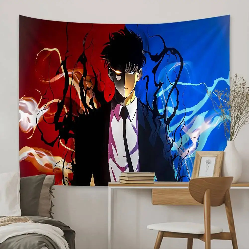 Vibrant solo leveling sung jin-woo tapestry wall hanging with fiery red and electric blue energy swirls on fabric wall decor