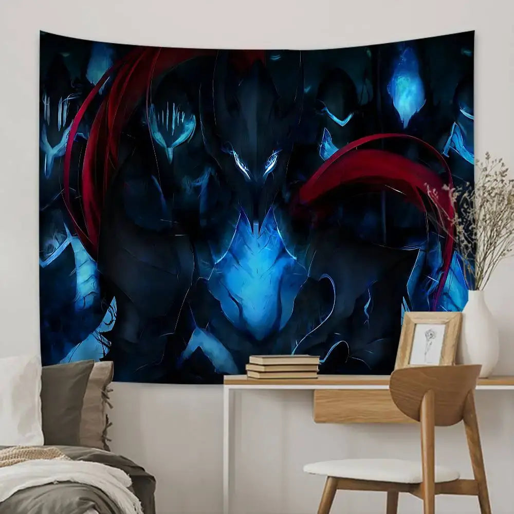 Dark blue and red solo leveling tapestry wall hanging decor with glowing eyes displayed above wooden desk