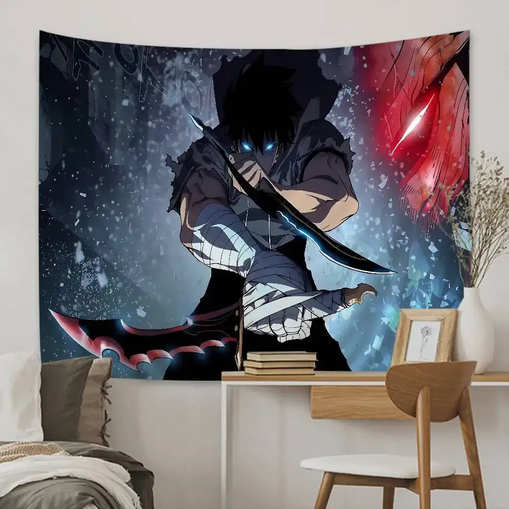 Solo leveling Sung Jin-Woo dark-themed tapestry wall hanging with glowing blue eyes and dual blades cosmic decor