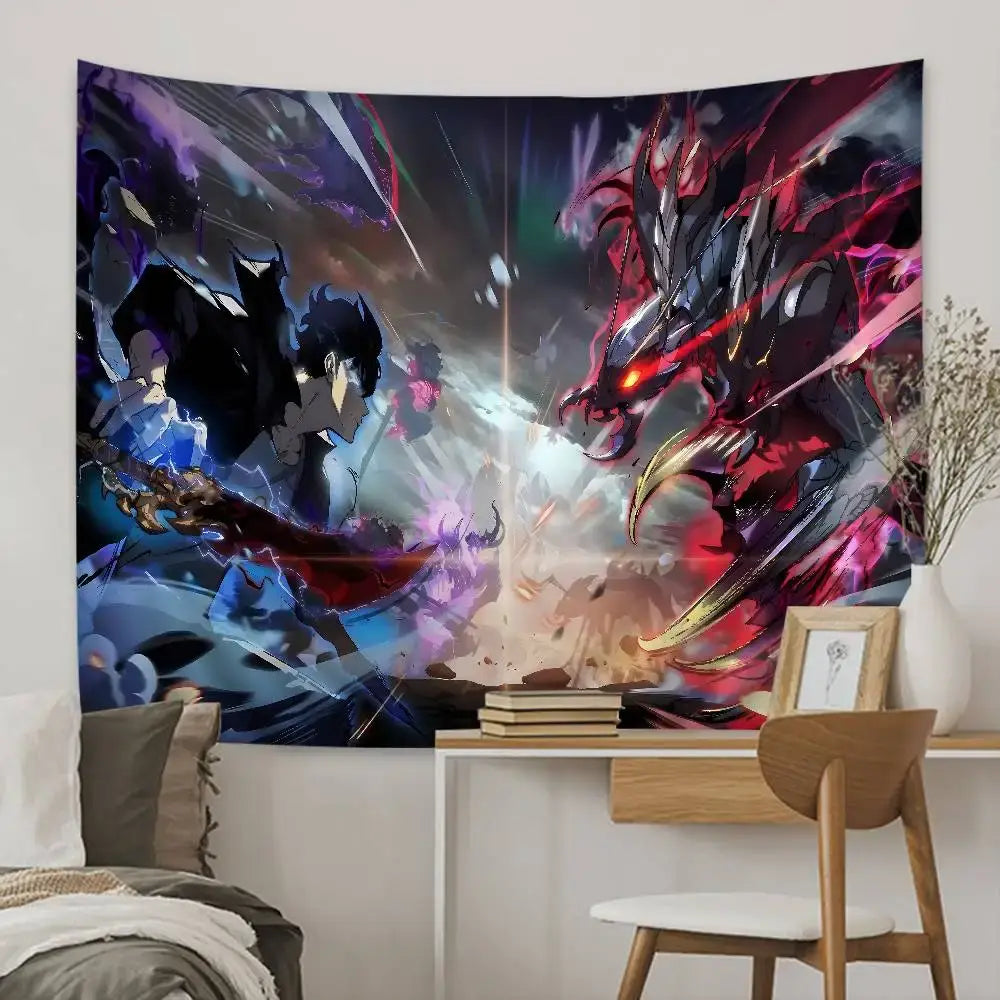 Vibrant solo leveling sung jin-woo tapestry wall hanging decor featuring a dynamic battle scene in bold reds purples and blues