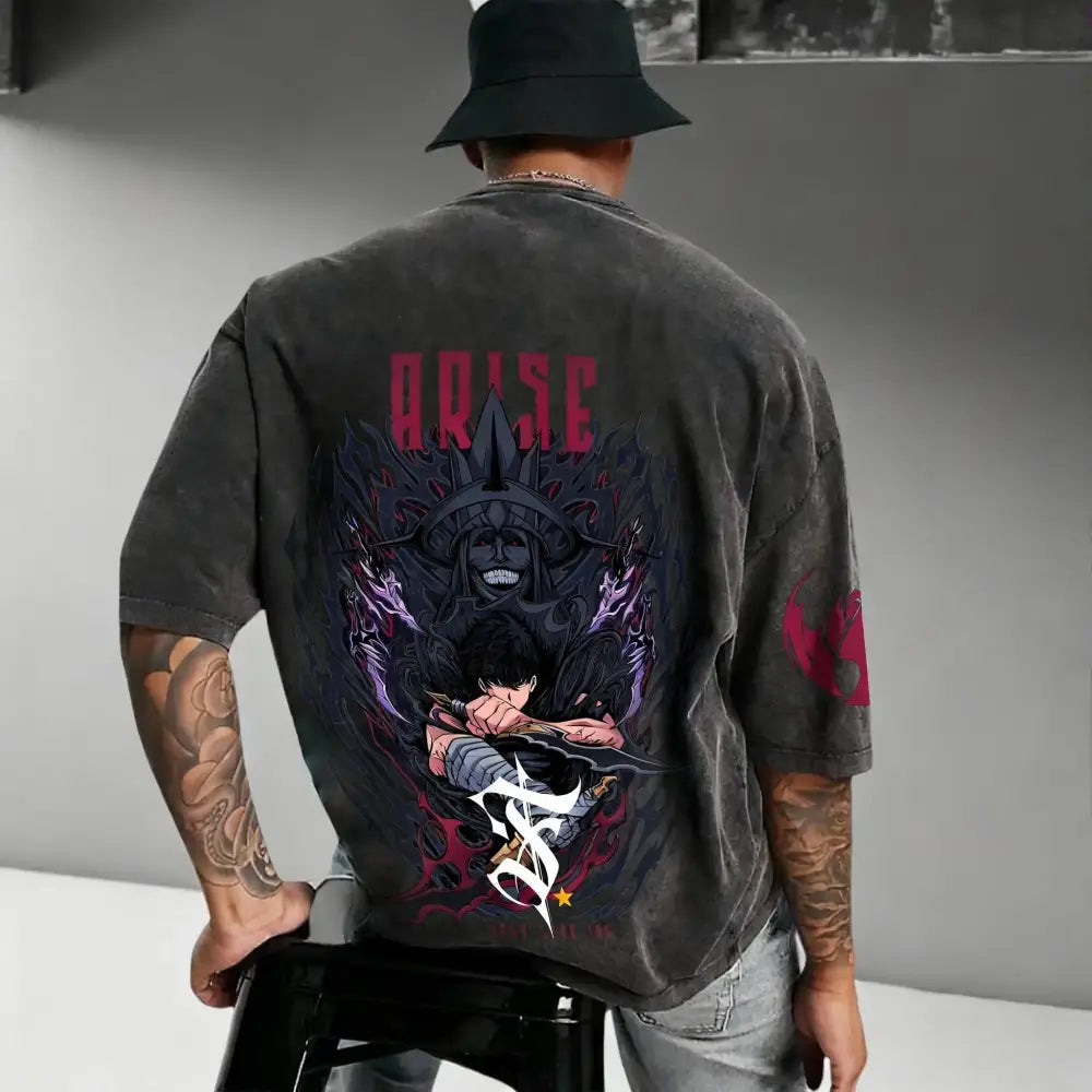 Black oversized cotton t-shirt with vintage washed solo leveling sung jin-woo graphic and red arise print