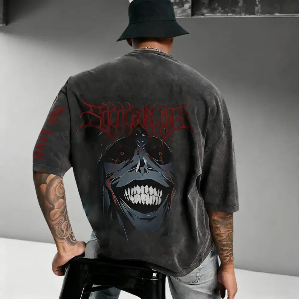 Back of black oversized solo leveling sung vintage washed cotton t-shirt with distressed texture and red gothic skull graphic