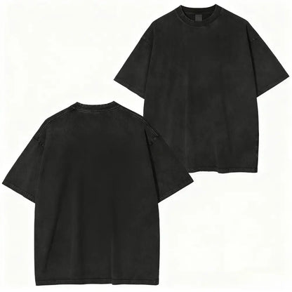 Black oversized cotton t-shirt with vintage washed texture featuring solo leveling sung jin-woo design
