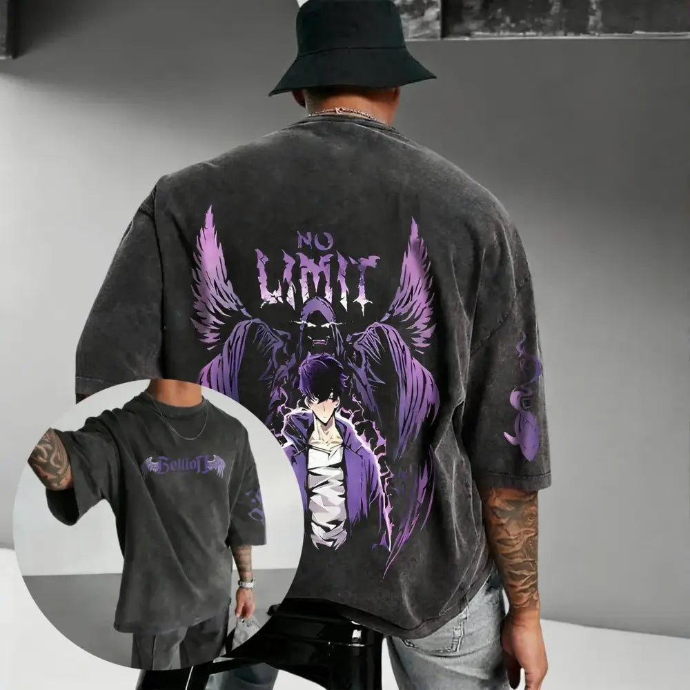 Black oversized vintage washed solo leveling sung jin-woo cotton t-shirt with purple no limit anime wings graphic
