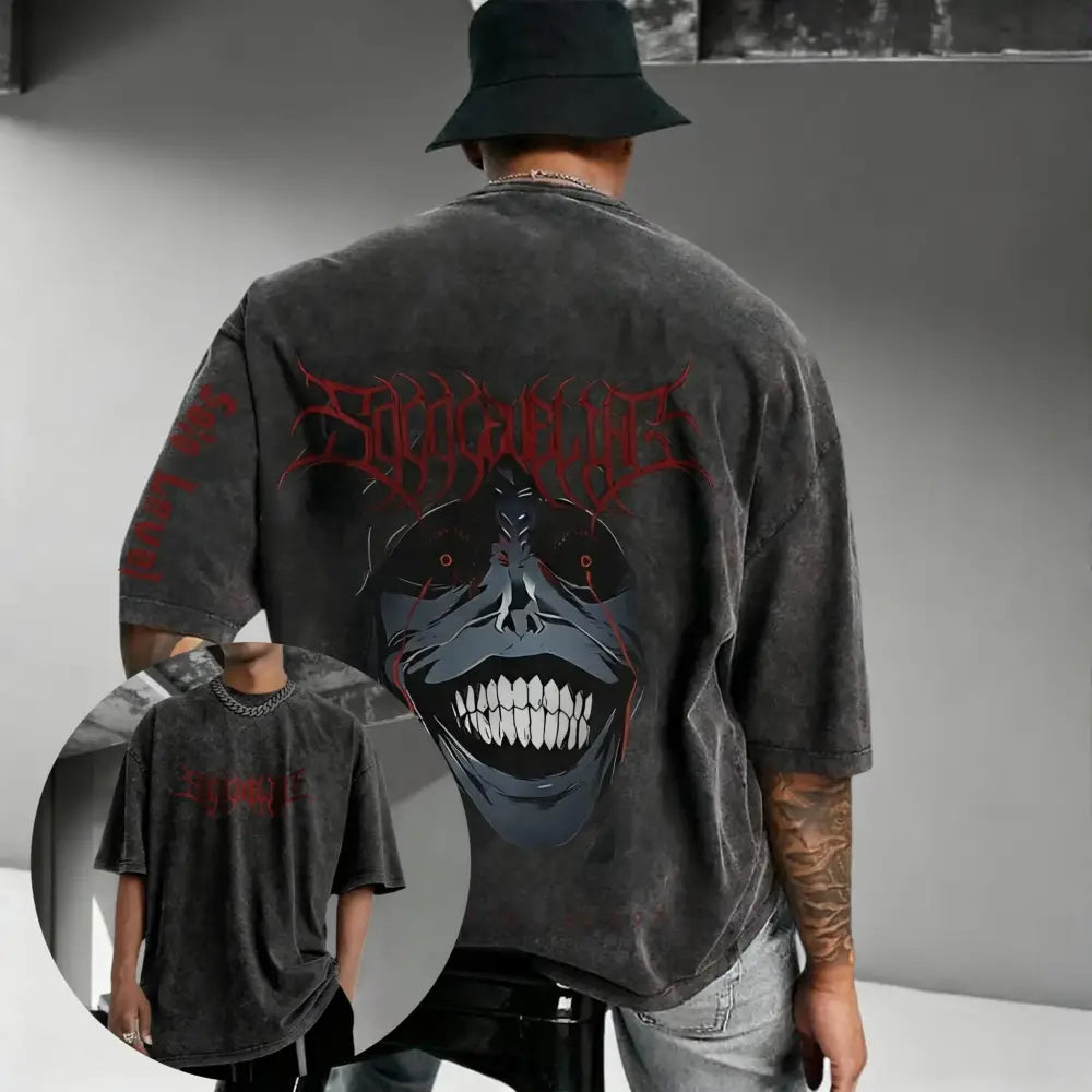 Dark gray vintage washed cotton t-shirt with a bold red and black smiling skull graphic solo leveling sung design