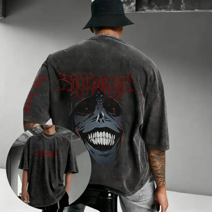 Dark gray vintage washed cotton t-shirt with a bold red and black smiling skull graphic solo leveling sung design