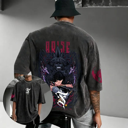 Black oversized vintage washed cotton t-shirt featuring solo leveling sung anime graphic and arise text in red