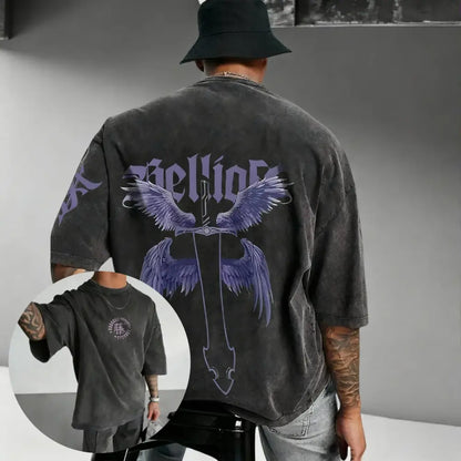 Dark gray oversized short-sleeved solo leveling sung vintage washed cotton t-shirt with purple winged sword graphic on back