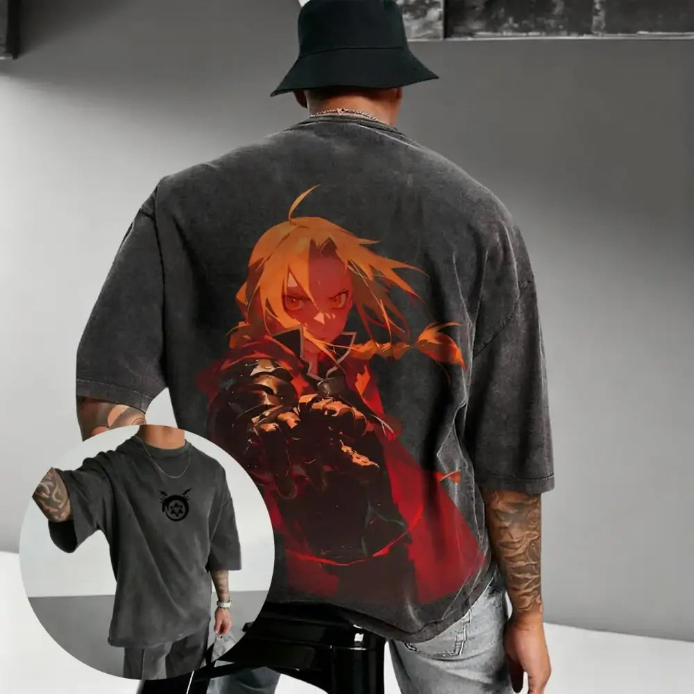 Black oversized vintage washed solo leveling sung jin-woo cotton t-shirt with fiery anime character print on back