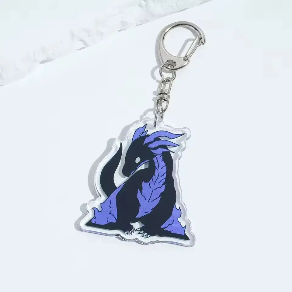 Solo leveling sung jinwoo acrylic keychain with a black and purple dragon design on translucent acrylic and metal clip