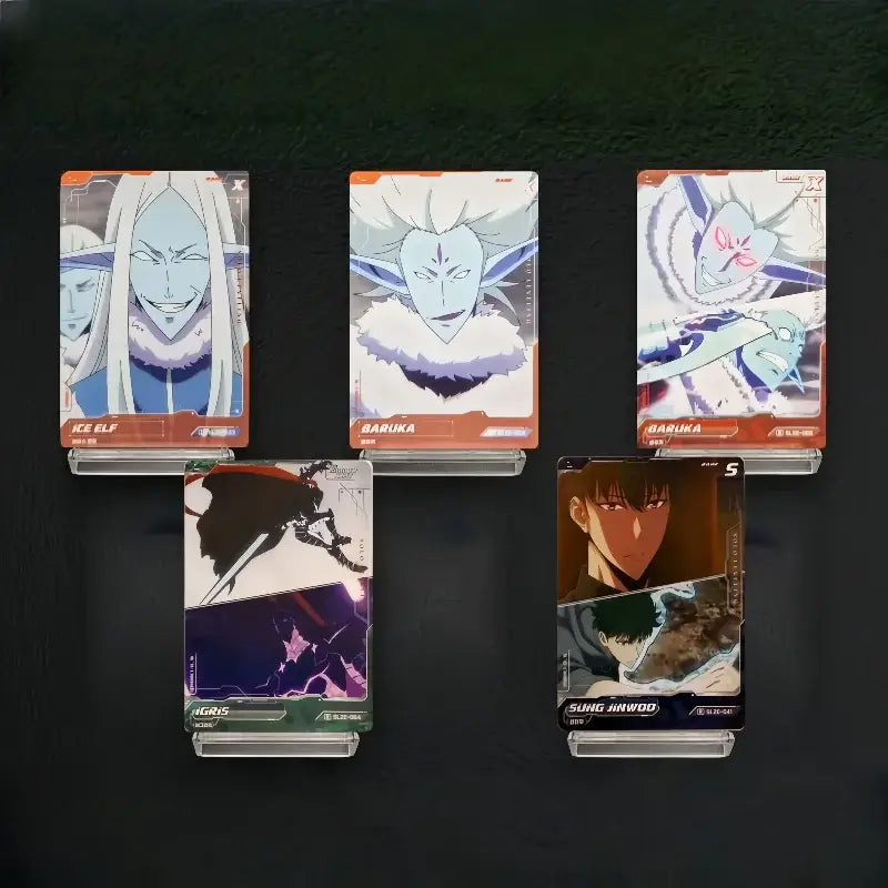 Five solo leveling sung jinwoo trading cards with distinct illustrations and colored borders korean edition collectible