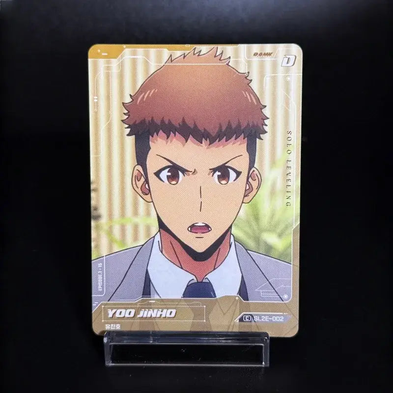 Golden-bordered solo leveling sung jinwoo collect card korean edition featuring spiky brown hair character in gray suit