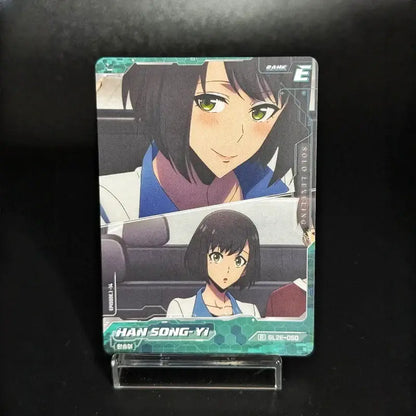 A teal and white solo leveling korean edition anime trading card featuring han song-yi with green eyes and black hair