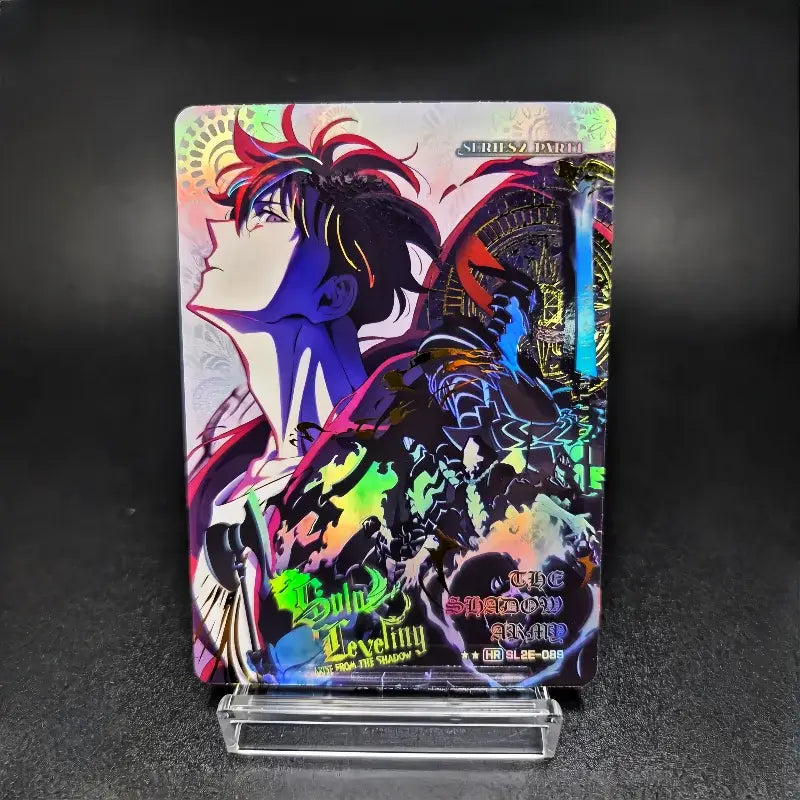 Vibrant holographic solo leveling sung jinwoo trading card korean edition with iridescent hues and detailed armor from series 2