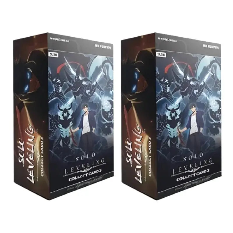 Two identical black and brown cardboard boxes of solo leveling collect cards vol 3 korean version with anime artwork