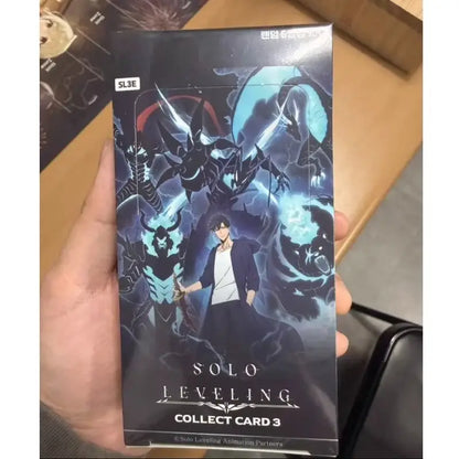 Black and blue korean version solo level collectible card pack vol 3 featuring sung jinwoo and dark glowing creatures