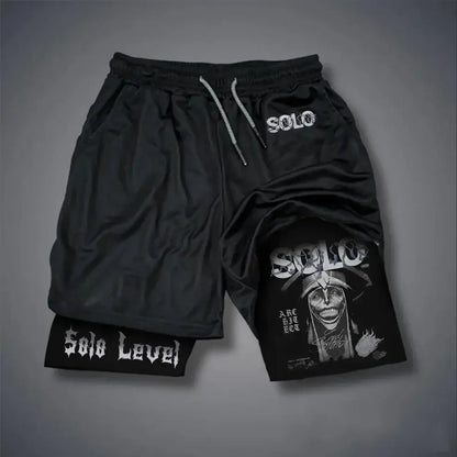 Black solo leveling sung jinwoo compression shorts with white graphic print and quick-dry fabric on front and side panels